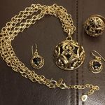 Onyx BARSE Bronze & Black Double Necklace Scroll Cage Pendant Earrings & Ring Photo 0