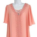 Urban Outfitters Sequin Hearts Coral Pink Floral Lace V-Neck Short Sleeve Tunic Dress Large Photo 2