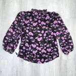 Bar III  Women's XXS Black & Pink Orchid Floral Chiffon 3/4 Sleeve Tie Neck Top Photo 6