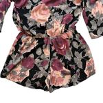 Lulus NWT, Floral Plunging Neck Bell Sleeve Romper Black Purple Pink, Sz L Photo 8