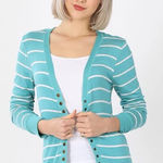 Zenana Outfitters  Turquoise and White Striped Cardigan Photo 0