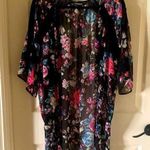 EXPRESS Long Floral Sheer Kimono Duster Cardigan Lace Trim Black Pink Size Small Photo 0