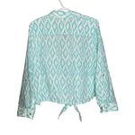 Chico's Chico’s Turquoise & White Geo Print Cotton & Metallic Tie Front Button Up Top M Photo 1