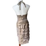 Cache Vintage Bronze Halter Shimmer Tiered Ruffle Mesh Accent Bodycon Dress Photo 4