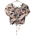 Butterfly Print Women's Crop Top, Pretty Lace Up Back Size Small Yellow Photo 4