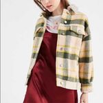 Urban Outfitters Green Yellow Cream Plaid Sherpa Collar Trucker Jacket Sz Small Photo 1