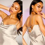 NWTS🌹THE OCCASION L🌹ELITE LINE SLEEK CHAMPAGNE SATIN DRAPED FRONT OPEN BACK MAXI Silver Size L Photo 12