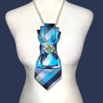 “Dainty Dapper” Elegant Blue Plaid necktie Necklace w/dainty rhinestone brooch Photo 0