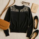 Black women’s lace cropped crewneck cardigan size small Photo 0