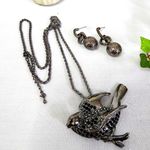 Gunmetal Silver Bird with Crystals Pendant on Chain and Earrings Set Photo 1
