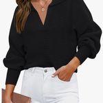 Zesica Collar V Neck Long Sleeve Ribbed Knit Pullover Top Black Photo 1