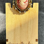 Sparkly Cameo Brooch Pin, Rhinestone Filigree Edging Detail, Red, Pink, Gold Red Photo 0