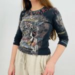 vintage western cowgirl y2k retro biker motorcycle 3/4 sleeve top size S Blue Photo 0