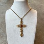 Vintage Ornate Cross Pendant Necklace Avon, Red Cabochon Synthetic Ruby 15” Gold Photo 8