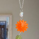 Handmade unique funky cute orange ceramic sun & Czech glass leaf & freshwater pearl necklace☀️🌿 Photo 4