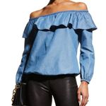 Michael Kors  Off-Shoulder Long Sleeve Ruffle Peasant Blue Chambray Denim Top Photo 0