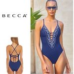 Becca New. blue plunge neck with crochet swimsuit medium Photo 1