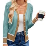 Grace Karin  Women’s Size M Blue Teal Colorblock Button Up Sweater Cardigan Photo 0