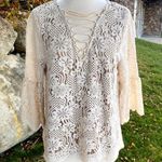 Entro  Top Floral Lace Mesh Cream Lace-Up Bell Sleeve Blouse Photo 8