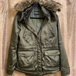 EXPRESS  olive green faux fur hooded silky winter jacket, size M Photo 0