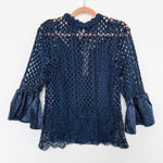 Dolce Cabo Womens Top Medium Navy Crochet Bell Sleeve Semi Sheer Boho Victorian Blue Photo 0