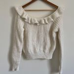 Anthropologie  Ivory White Ruffled Boat Neck Soft Wool Knit Sweater Size Medium Photo 2