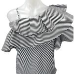 INA Women's Black White Striped Ruffle One Shoulder Asymmetric Blouse Top Size M Photo 2