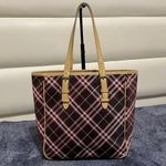 Burberry Blue Label Plaid Tote Bag with Tan Handles Photo 1