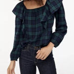 J. Crew Blackwatch Blue Green Flannel Squareneck Ruffle Top Size Small NWT Photo 0