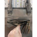 Chic Faux Leather Tote Bag Gray Double Handle Top Zip Tassel Accent Photo 2