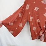 Millibon Rust Boho Print Tie Front Blouse Women's Size M Wide Bell Sleeve Top Photo 1
