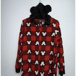 Disney  Mickey Mouse One Piece Pajamas Womens Medium Hooded Ears Red Black Fleece Photo 1