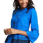 Ann Taylor Embroidered Flounce Linen Blend Blue Lightweight Jacket Size L NWT Photo 0