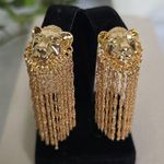 Boutique Statement Glam Gold Lion Earrings with Shimmer Chain Fringe Photo 1