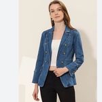 Allegra K  Women's Double-Breasted Blue Denim Blazer Photo 1