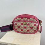 Coach Camera Bag In Signature Canvas With Heart Print Tan Brass Red Coated Photo 1