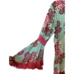 Velzera Mini Dress Tunic Green Pink Paisley Crochet Fringe Bell Sleeves SZ LG Photo 4