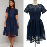 Chi Chi London Sheridan Dress Navy Blue Embroidered Short Sleeve UK 12 US 8 Photo 1