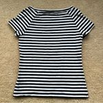 Liz Claiborne Women’s White & Navy Striped Boat Neck Tee Shirt - Size S - EUC Photo 1