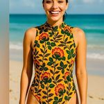 Scotch & Soda  Floral Yellow Mock Neck One piece Swimsuit bathing suit size M Photo 0