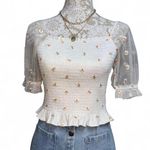 Altar'd State White Daisy Embroidered Mesh Puff Sleeve Smocked Top Women's XS Photo 0