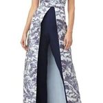 Kay Unger Blue Metallic Jacquard Strapless Walk Through Jumpsuit Size 2 Photo 0