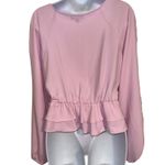EXPRESS  Pink Twist Front Ruffle Peplum Long Sleeve V Neck Blouse NWT Medium Photo 4