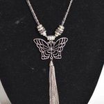 Retro Chic Filigree Butterfly Tassel Silver Tone Charm Cord/Link Chain Necklace Photo 0