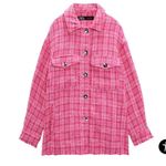 ZARA Women’s S Oversized Shirt Jacket Pink Bouclee Plaid Tweed Fringe Hem Barbie Photo 1