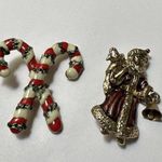 Lot Of 2 Christmas Holiday Brooch Pins Gold Tone Candy Cane / Santa Claus Photo 4