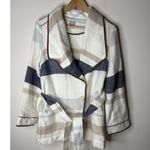 Chico's Womens 0 US 4/6 Blanket Coat Jacket Cream Striped Pockets Belt 2 Button Photo 0