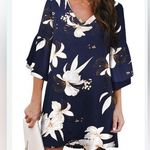 Navy blue and cream floral print layered bell sleeve dress size large Photo 0