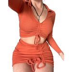 Medium orange mini skirt matching set long sleeve deep v neck sexy summer outfit Photo 2