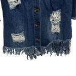 Daisy  Blue Distressed Long Denim Jacket Women's Size Large Frayed Hem Pockets‎ Photo 6